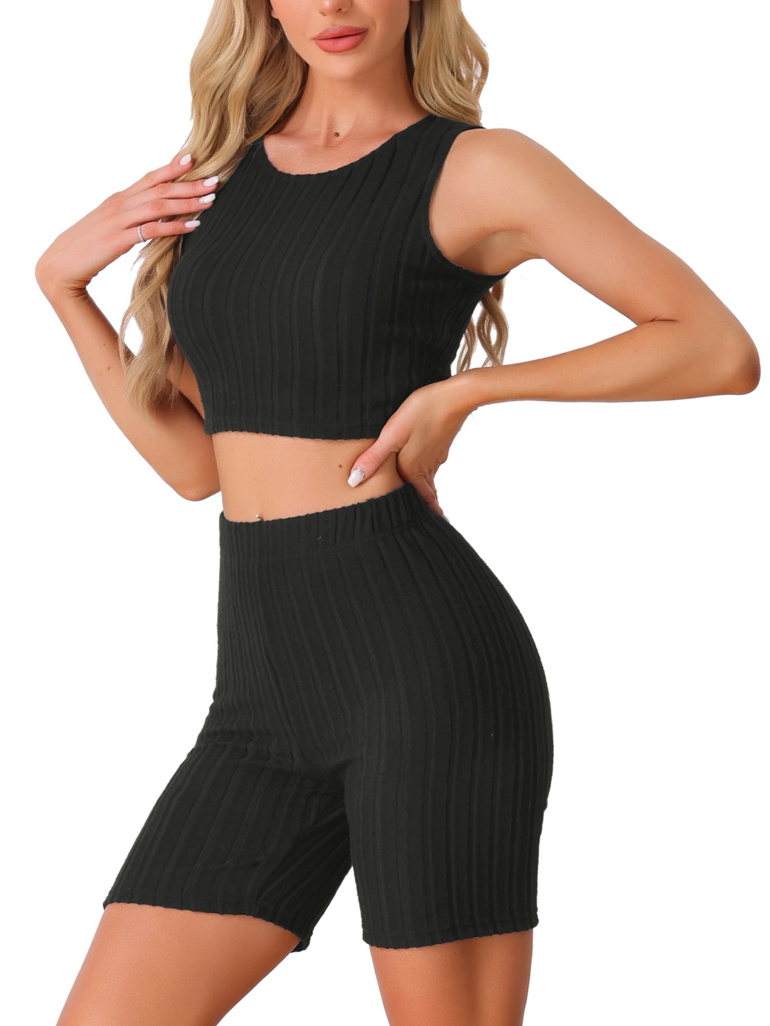 DARING DIVA Women's Ribbed Knit Tank Top and Biker Shorts Lounge Set Black M
