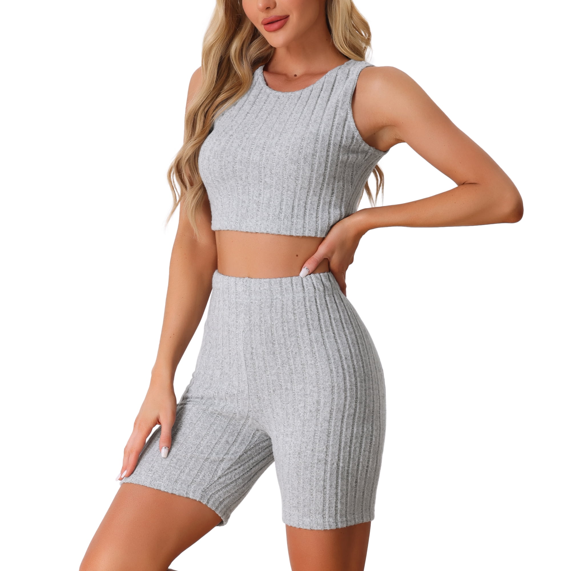DARING DIVA Women's Ribbed Knit Tank Top and Biker Shorts Lounge Set Light Gray M