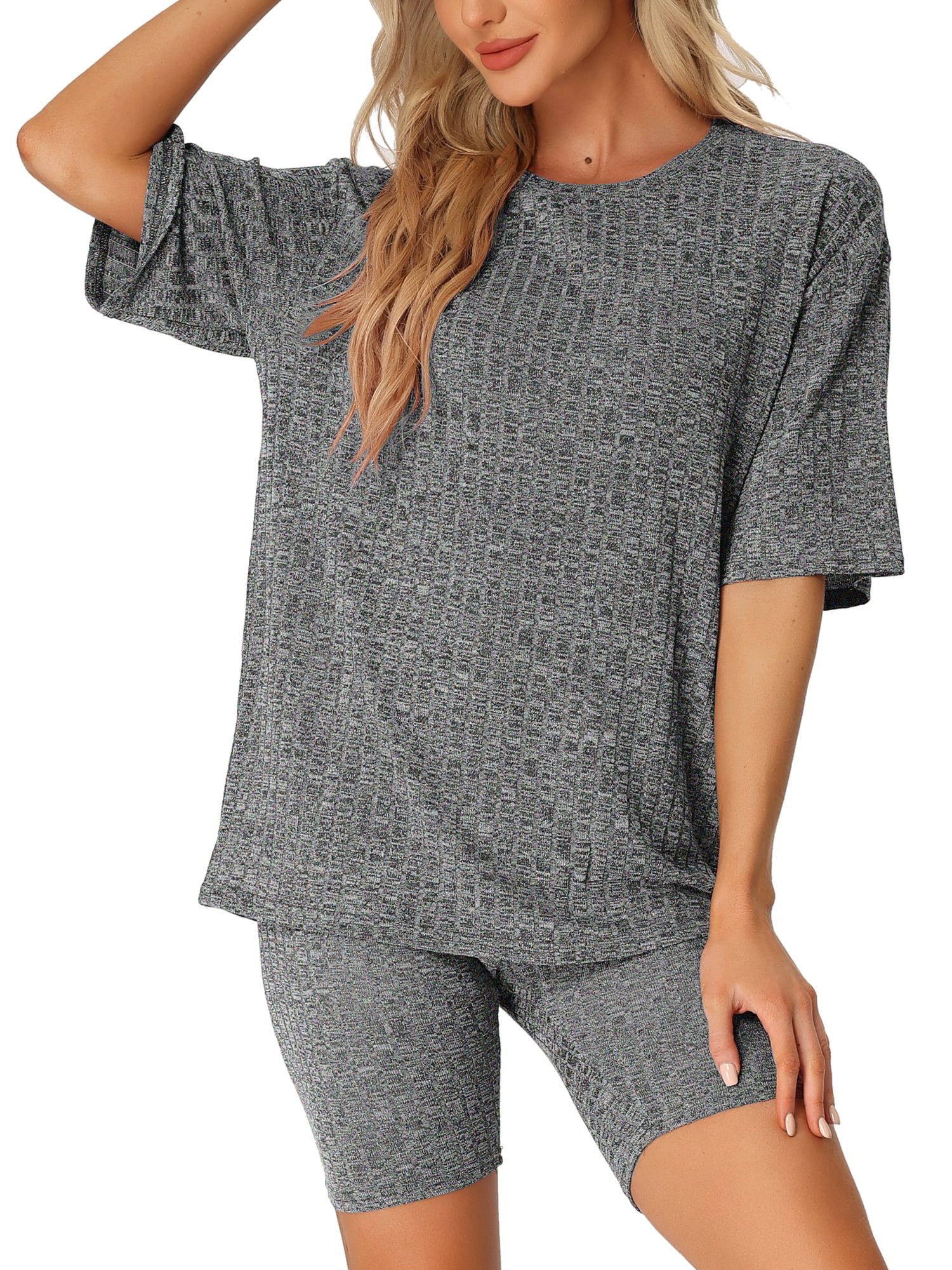 DARING DIVA Women's 2-Piece Knit Soft Tracksuit Short Sleeve Sweatshirt Set XL Black Grey