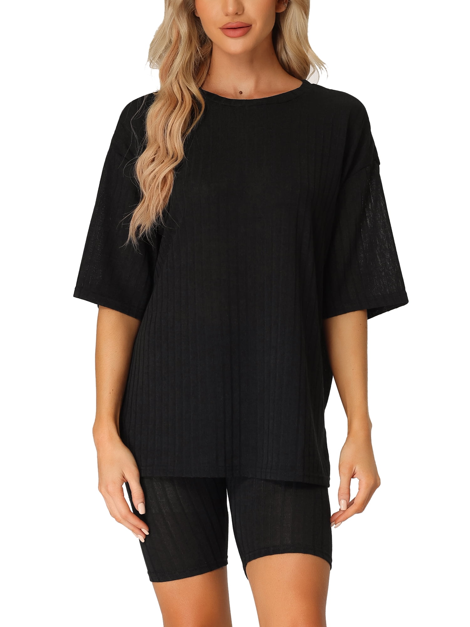 DARING DIVA Women's 2-Piece Knit Soft Tracksuit Short Sleeve Sweatshirt Set XL Black