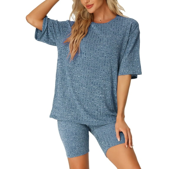 DARING DIVA Women's 2-Piece Knit Soft Tracksuit Short Sleeve Sweatshirt Set M Blue