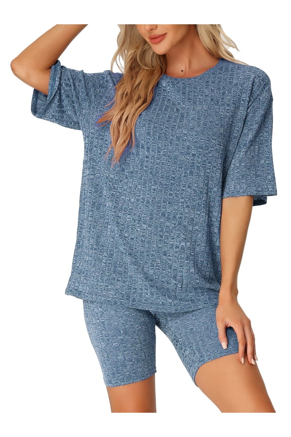 Women's Ribbed Knit Tracksuit Sweatshirt Set Shorts Sleepwear Blue M
