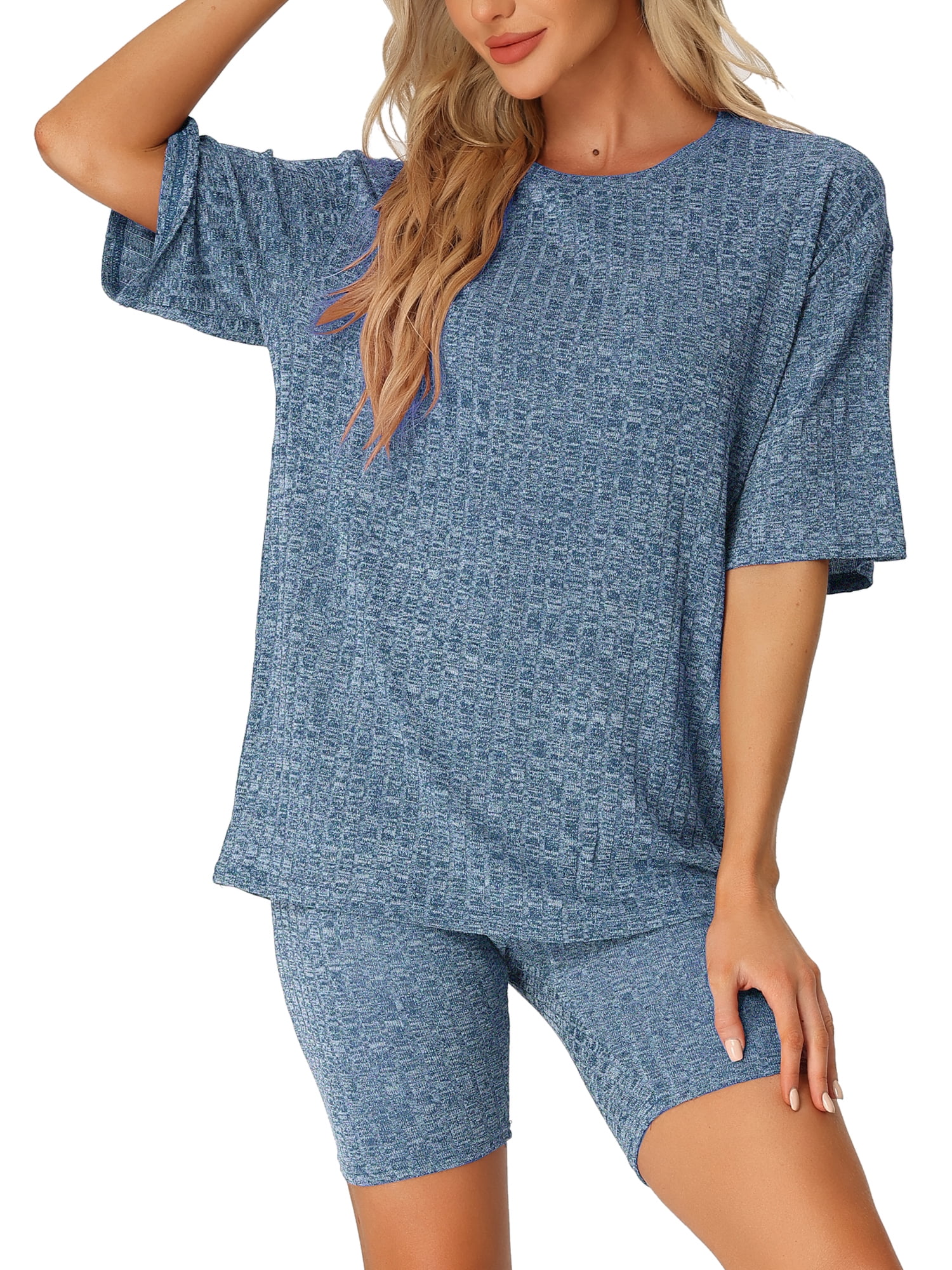 DARING DIVA Women's 2-Piece Knit Soft Tracksuit Short Sleeve Sweatshirt Set XL Blue