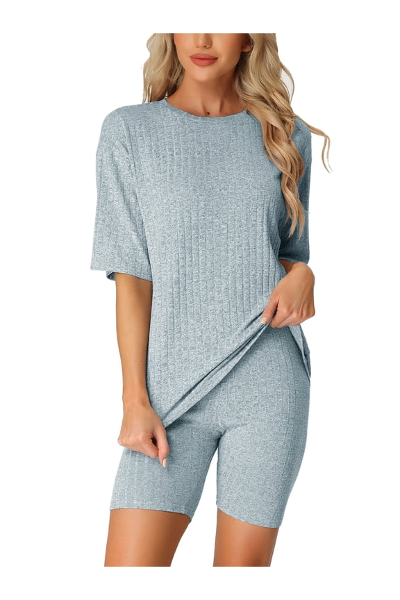 Women's Ribbed Knit Tracksuit Sweatshirt Set Shorts Sleepwear Light Blue M