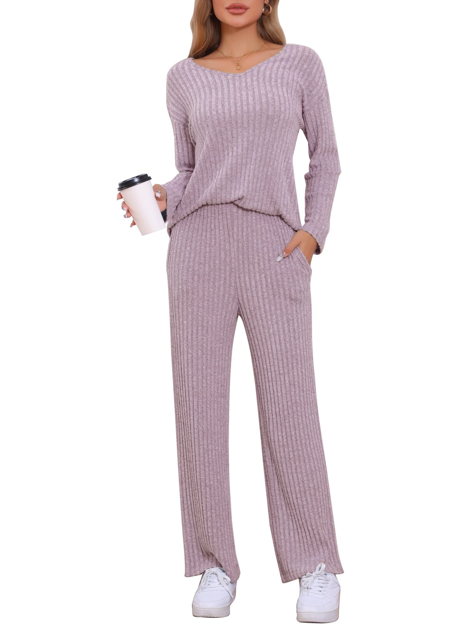 DARING DIVA Women's Ribbed Knit V Neck Long Sleeve Wide Leg Pants Lounge Set L Pink