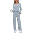thumbnail image 1 of DARING DIVA Women's Ribbed Knit V Neck Long Sleeve Wide Leg Pants Lounge Set S Blue, 1 of 6