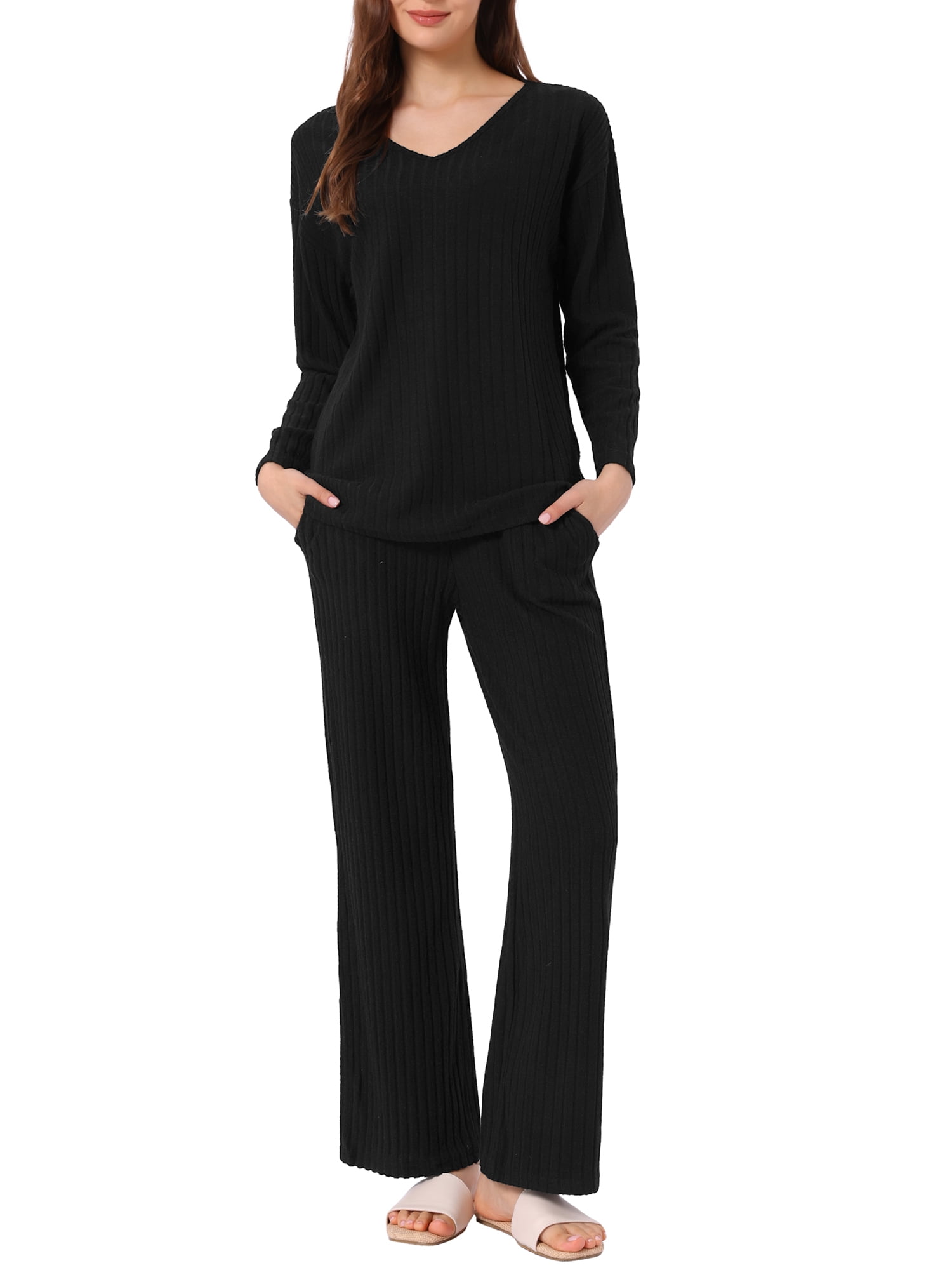 DARING DIVA Women's Ribbed Knit V Neck Long Sleeve Wide Leg Pants Lounge Set XL Black