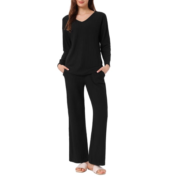 DARING DIVA Women's Ribbed Knit V Neck Long Sleeve Wide Leg Pants Lounge Set XL Black