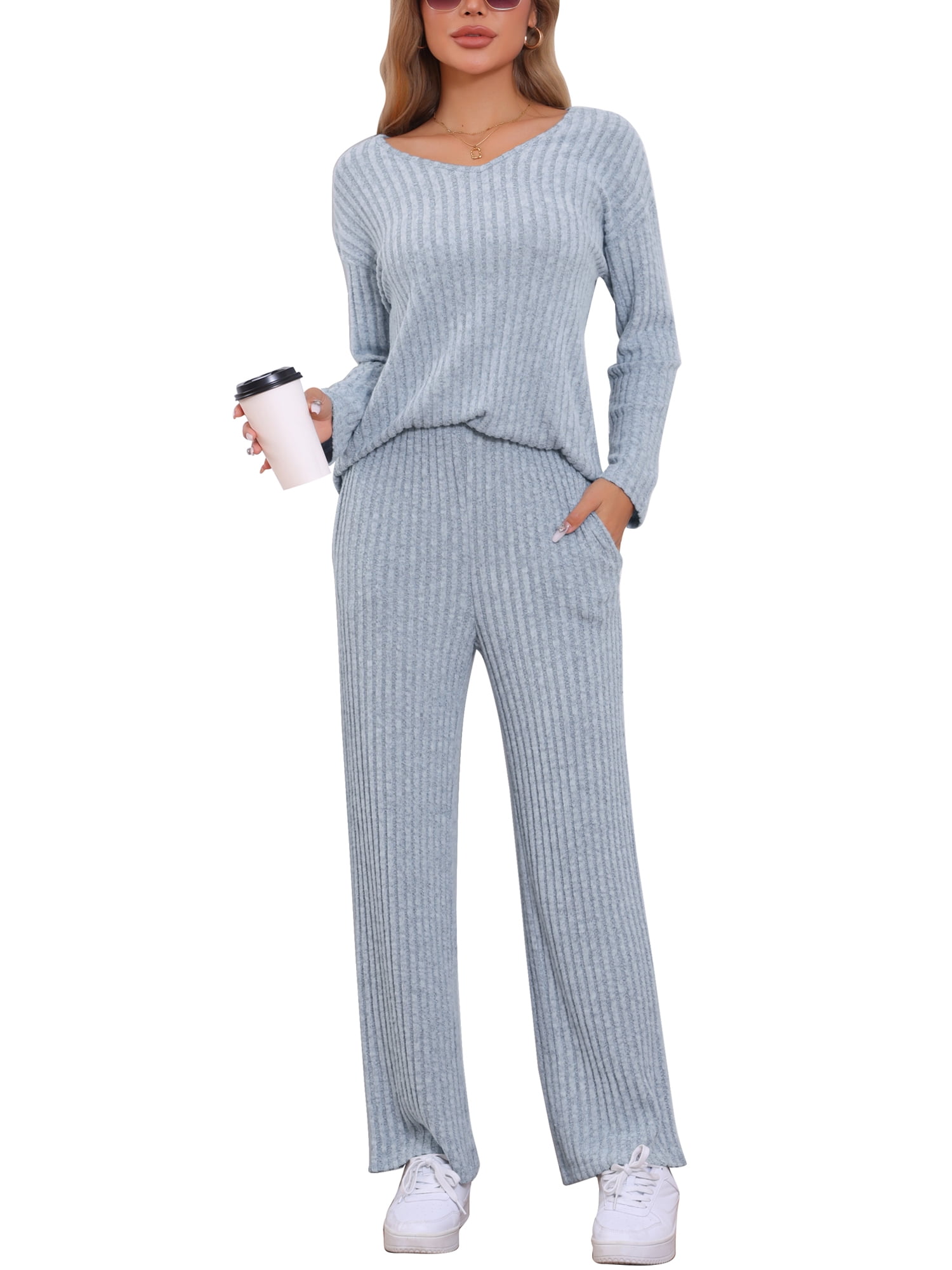 DARING DIVA Women's Ribbed Knit V Neck Long Sleeve Wide Leg Pants Lounge Set XL Blue