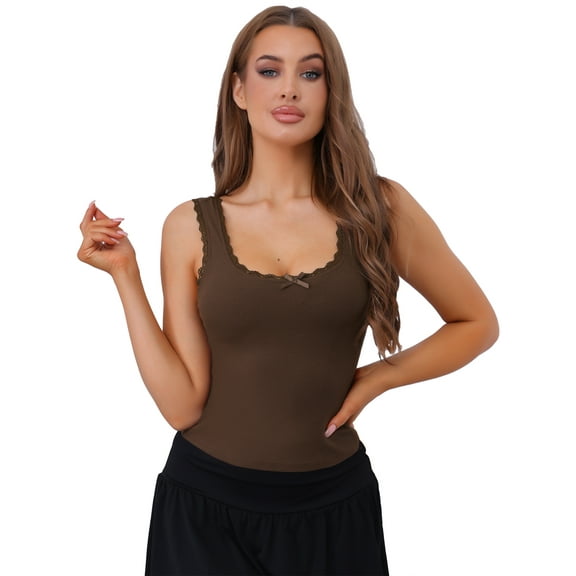DARING DIVA Women's Ribbed Square Neck Slim-Fit Lace Trim Tank Tops S Brown