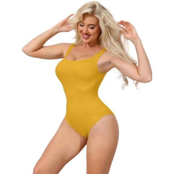 DARING DIVA Women's Ribbed Square Neck Thong Sleeveless Bodyshaper S Yellow