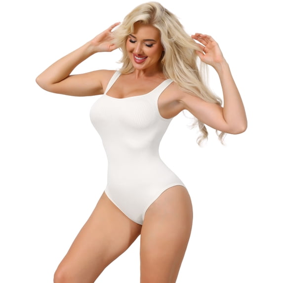 DARING DIVA Women's Ribbed Square Neck Thong Sleeveless Bodyshaper XX-Large White