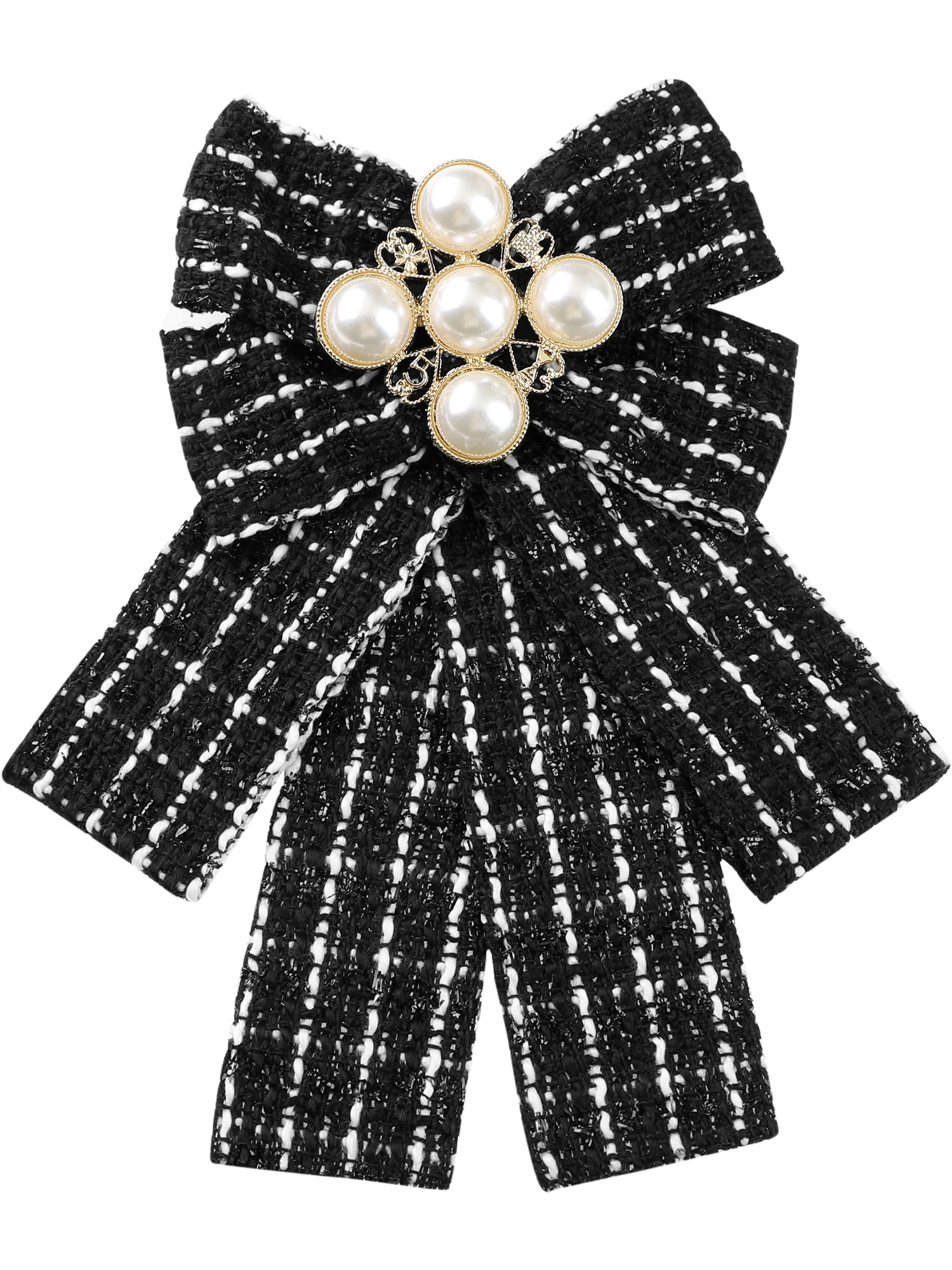 DARING DIVA Women's Ribbon Beads Pre-Tied Plaid Pattern Bow Tie Black