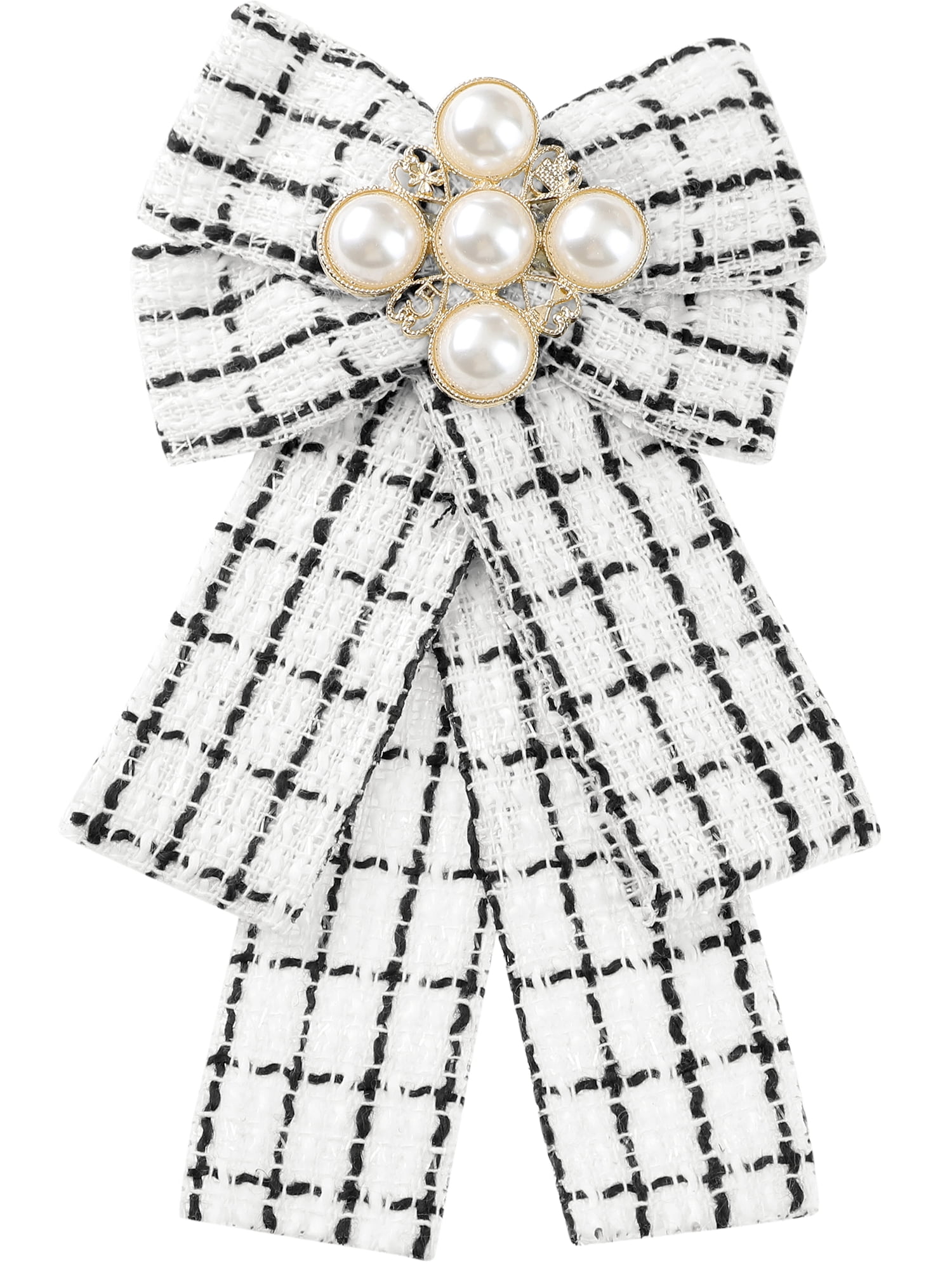 DARING DIVA Women's Ribbon Beads Pre-Tied Plaid Pattern Bow Tie White