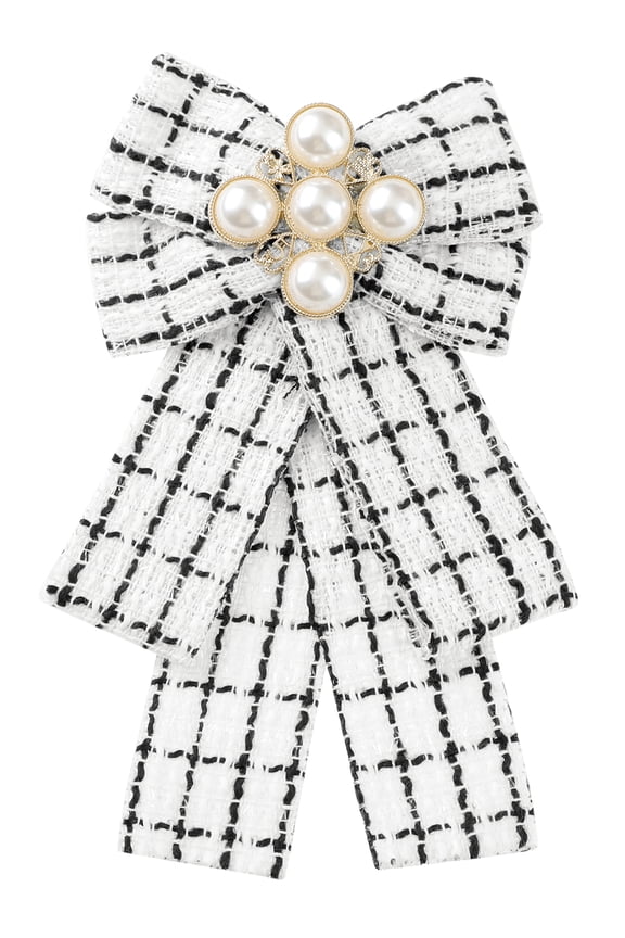 Women's Ribbon Beads Pre-Tied Plaid Pattern Bow Tie White