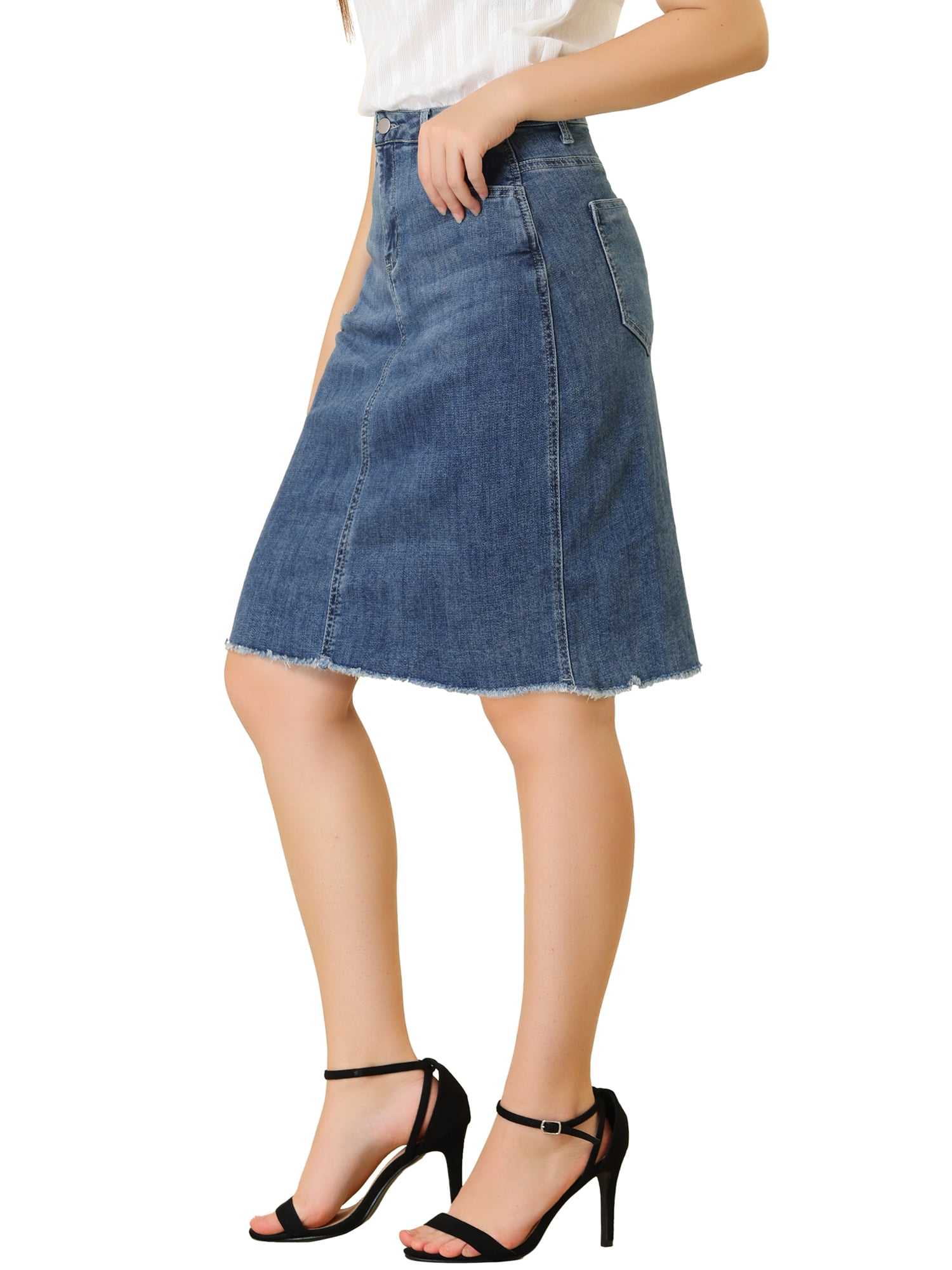 DARING DIVA Women's Ripped Hem Washed Jeans Denim Skirt L Dark Blue