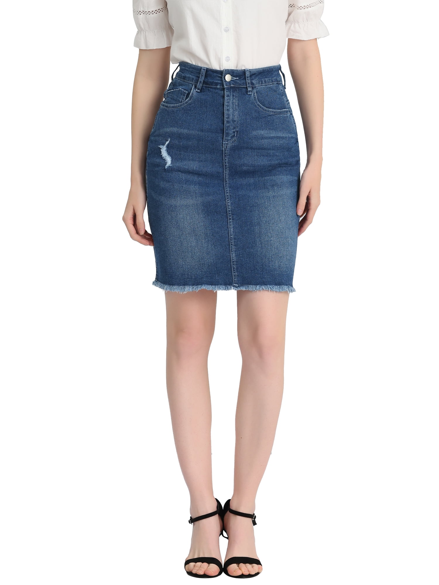 DARING DIVA Women's Ripped Hem Washed Jeans Denim Skirt M Vintage Blue