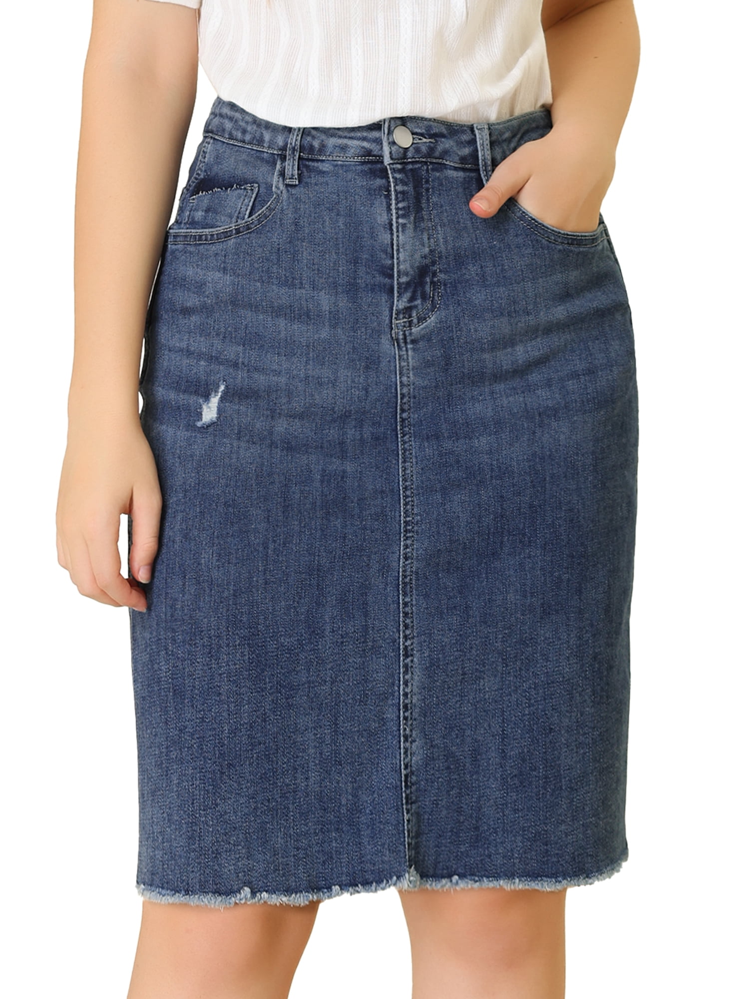 DARING DIVA Women's Ripped Hem Washed Jeans Denim Skirt XL Dark Blue