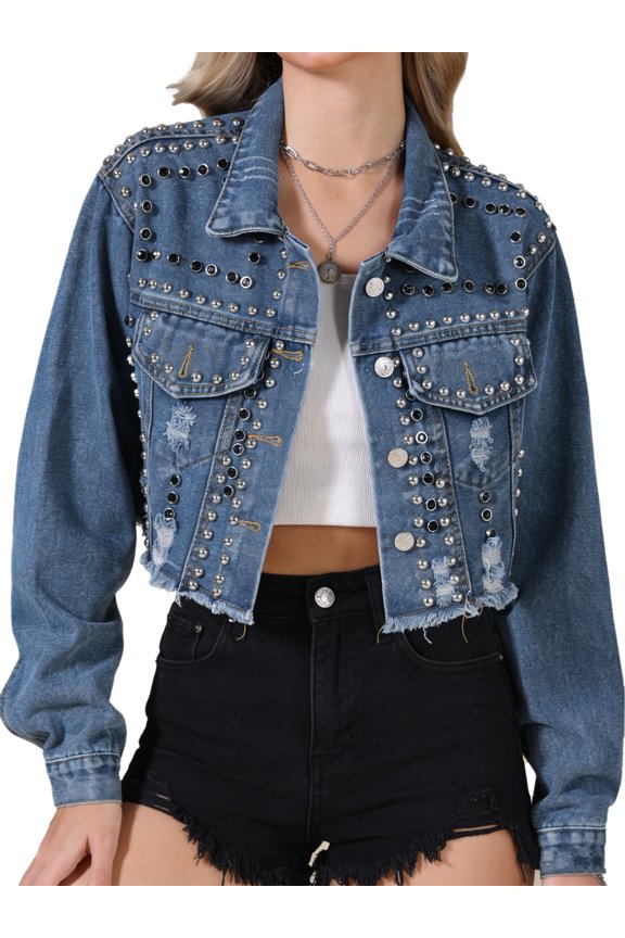 Women's Rocker Party Rhinestones Denim Jacket L Blue