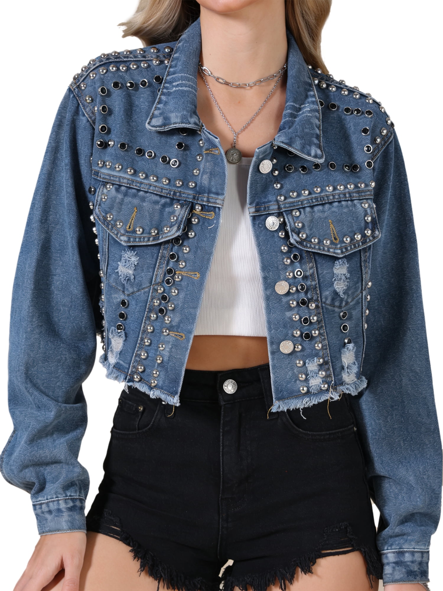 DARING DIVA Women's Rocker Party Rhinestones Denim Jacket M Blue