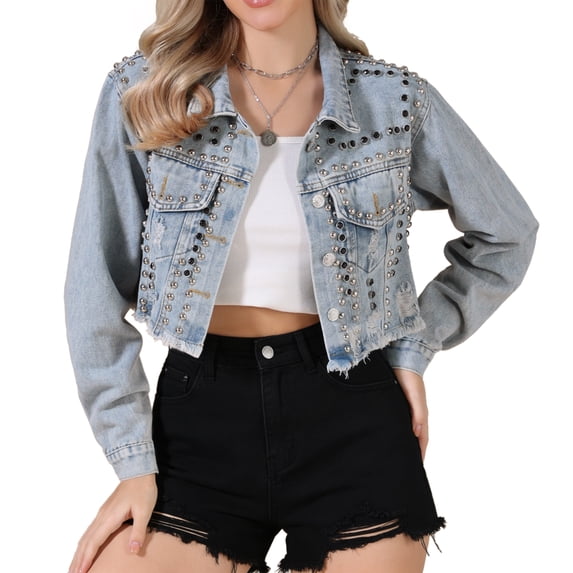 DARING DIVA Women's Rocker Party Rhinestones Denim Jacket S Light Blue