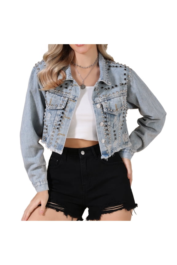 Women's Rocker Party Rhinestones Denim Jacket XL Light Blue