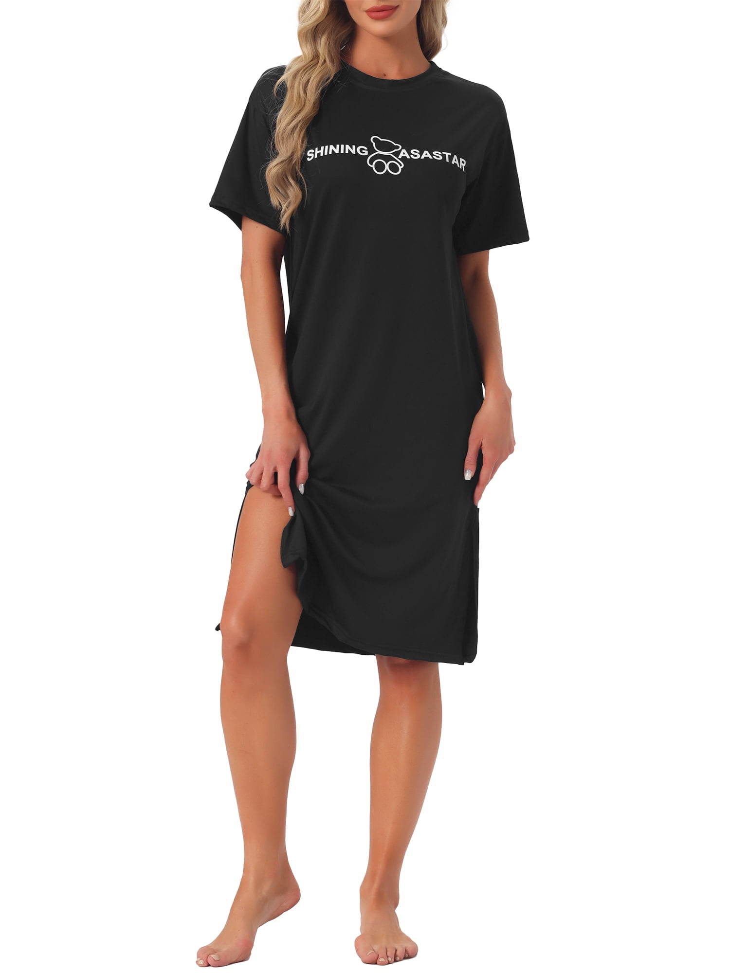 DARING DIVA Women's Rolled Cuffs Side Slit Soft Sleepwear M Black