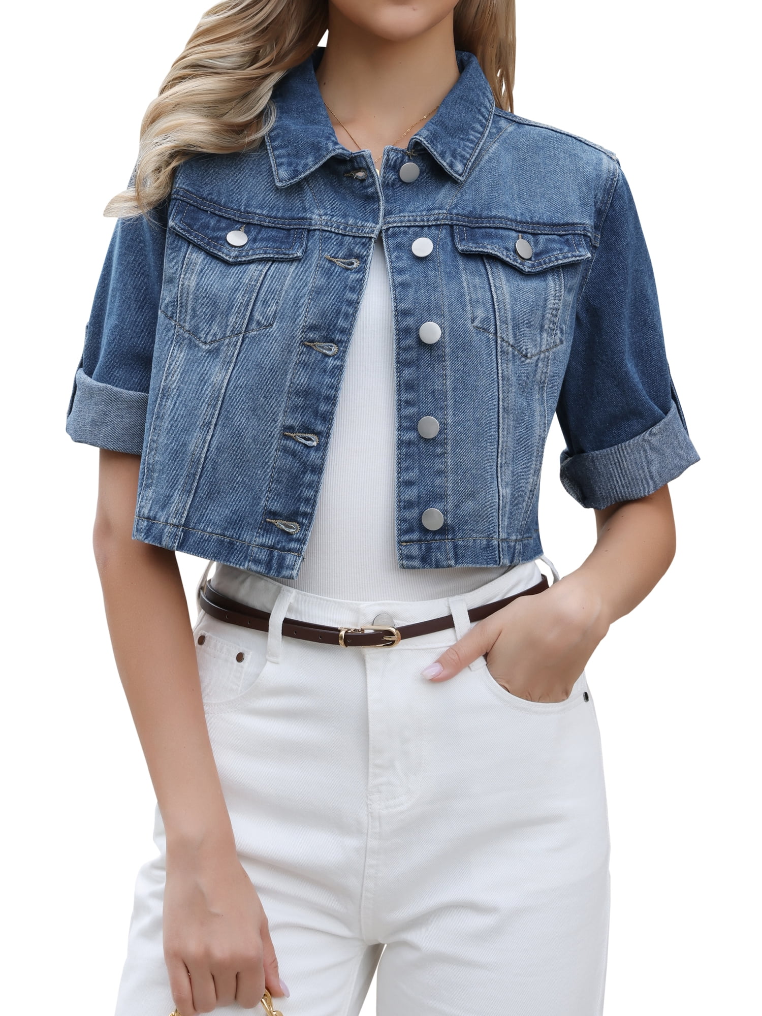 DARING DIVA Women's Rolled Sleeve Button Down Crop Jean Jacket S Blue