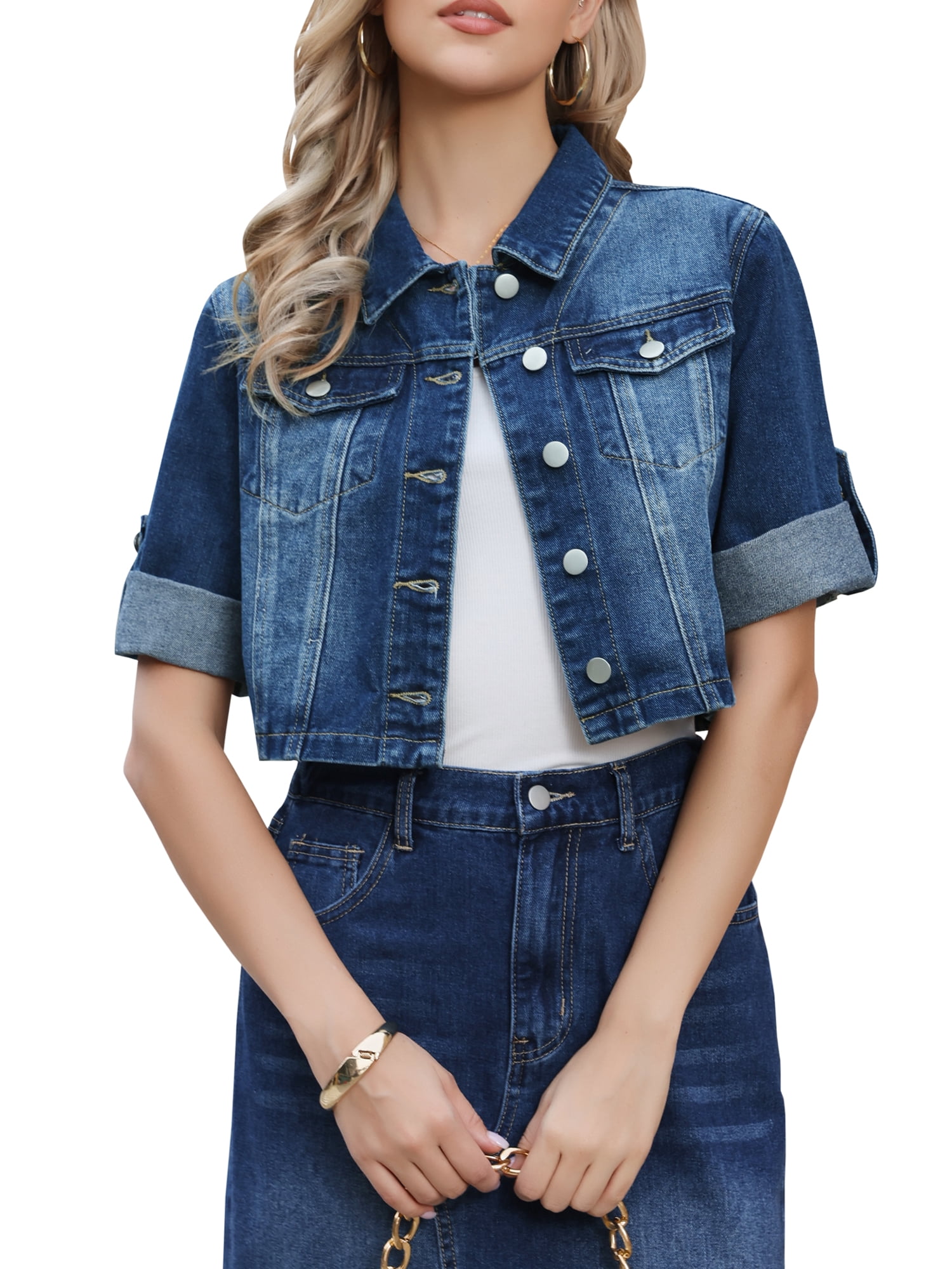 DARING DIVA Women's Rolled Sleeve Button Down Crop Jean Jacket S Deep Blue