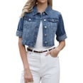 thumbnail image 1 of DARING DIVA Women's Rolled Sleeve Button Down Crop Jean Jacket XS Blue, 1 of 6