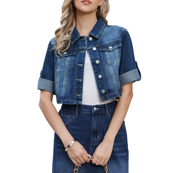 DARING DIVA Women's Rolled Sleeve Button Down Crop Jean Jacket XS Deep Blue