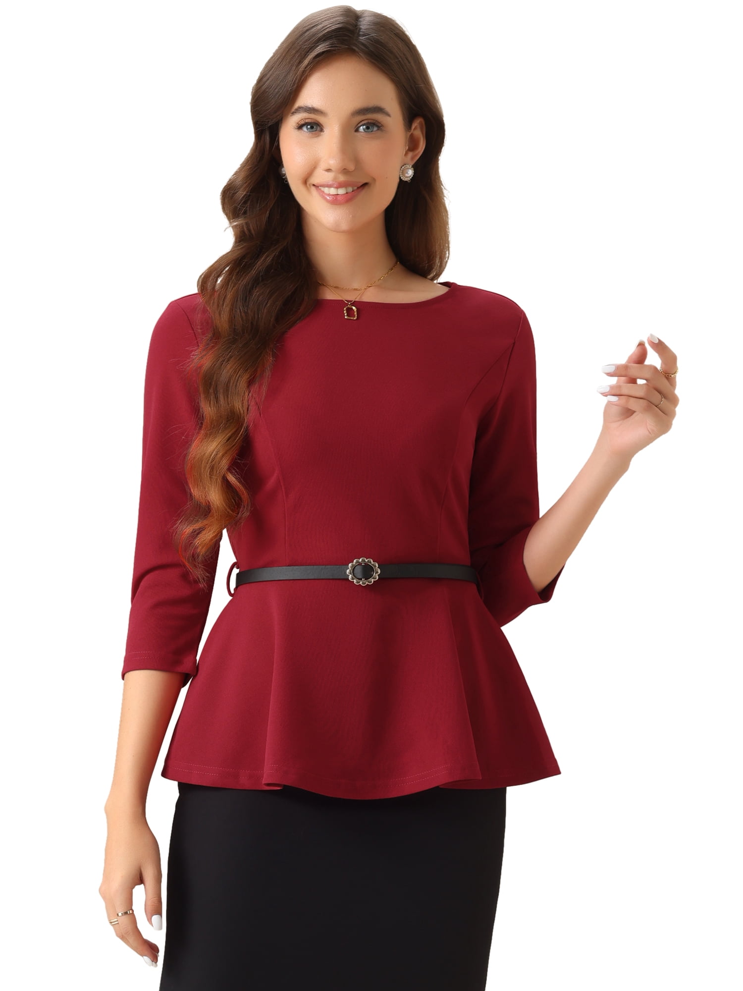 DARING DIVA Women's Round Neck 3/4 Sleeve Elegant Work Peplum Tops L Red