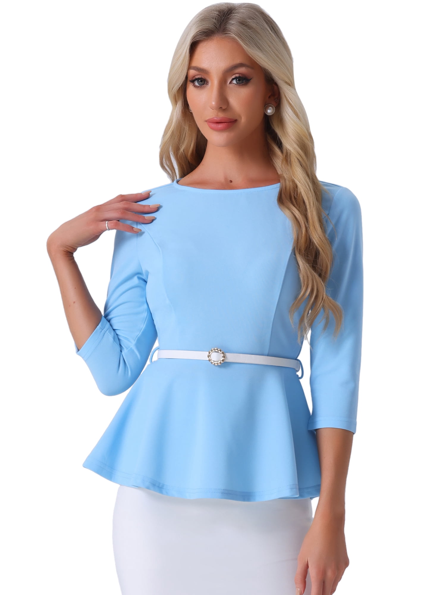 DARING DIVA Women's Round Neck 3/4 Sleeve Elegant Work Peplum Tops L Sky Blue
