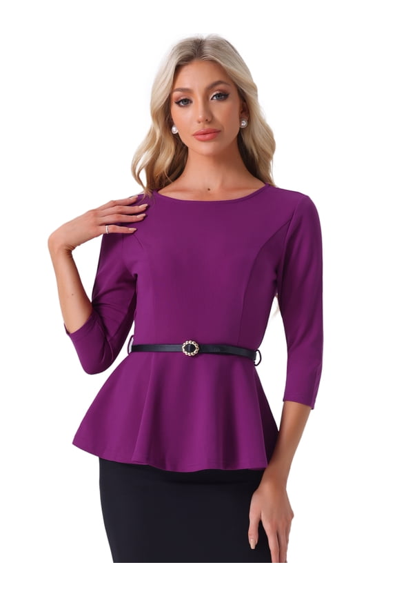 Women's Round Neck 3/4 Sleeve Elegant Work Peplum Tops S Purple