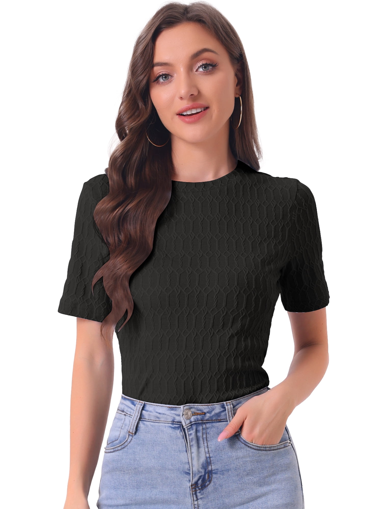 DARING DIVA Women's Round Neck Basic Textured Top M Black