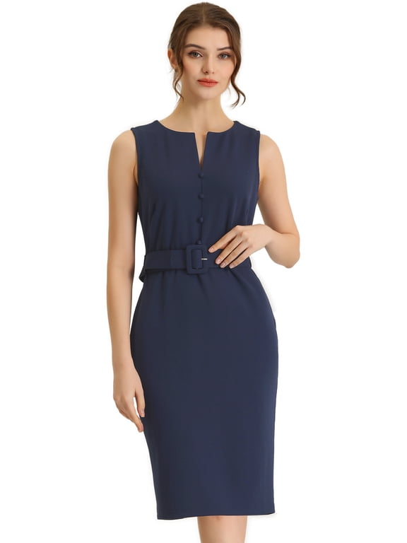 Women's Round Neck Bodycon Sheath Sleeveless Work Dresses XL Dark Navy