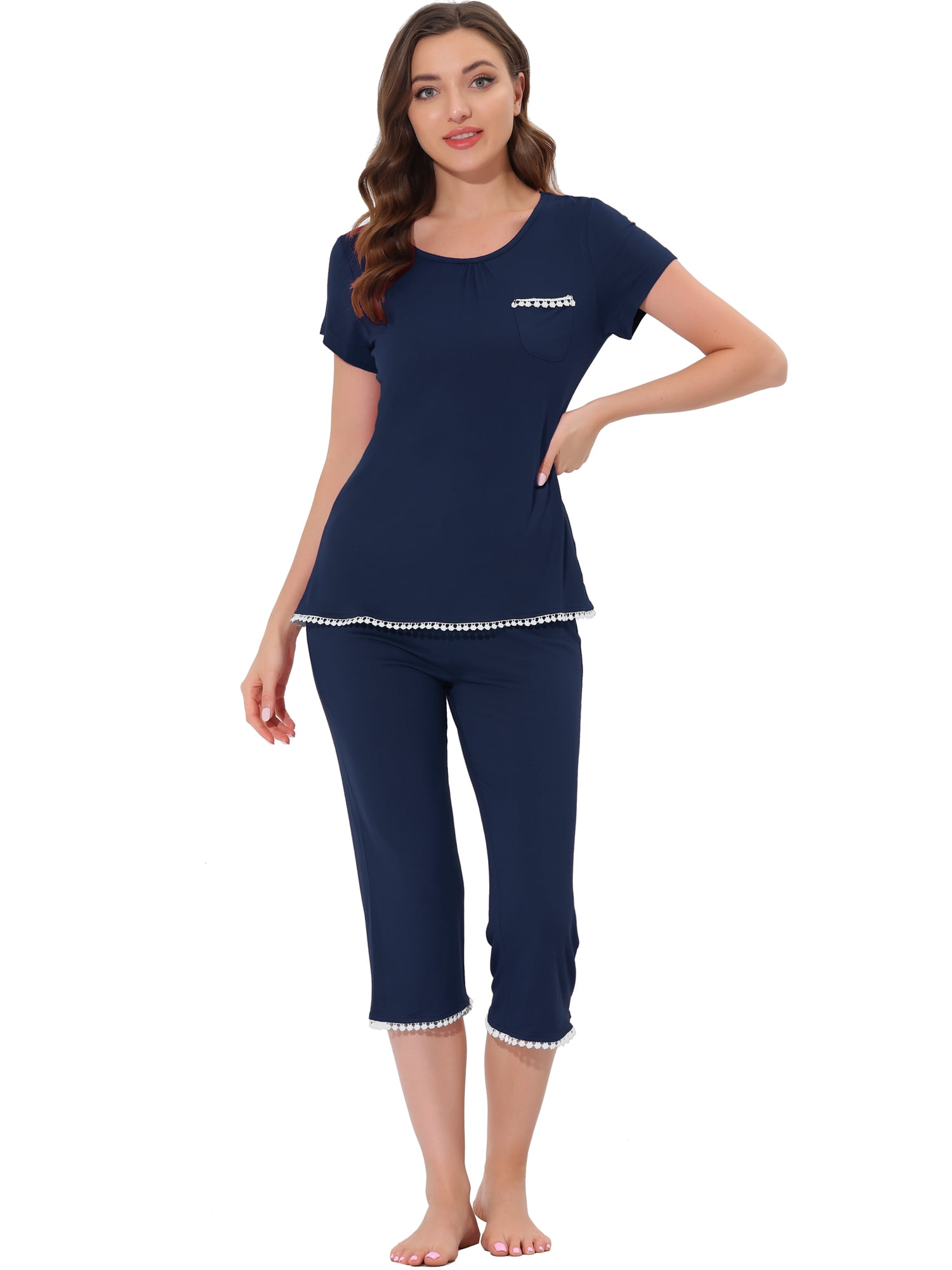 DARING DIVA Women's Round Neck Casual Pajama Sets M Navy Blue