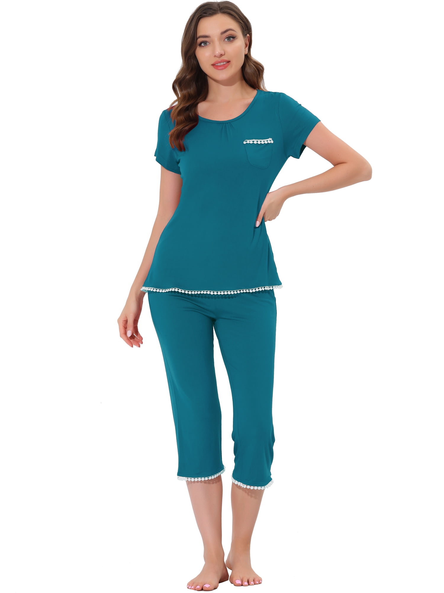 DARING DIVA Women's Round Neck Casual Pajama Sets XS Peacock Green