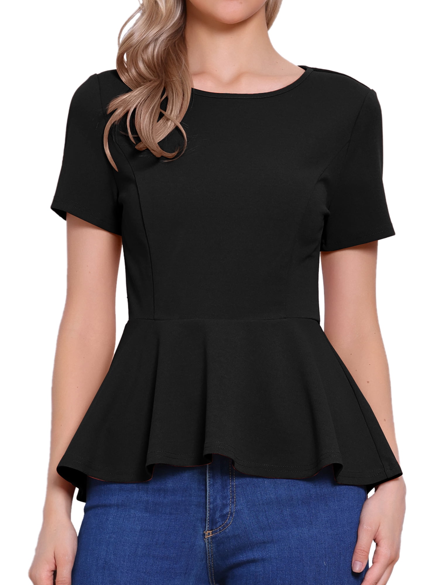 DARING DIVA Women's Peplum Tops Short Sleeve Crew Neck Blouse L Black