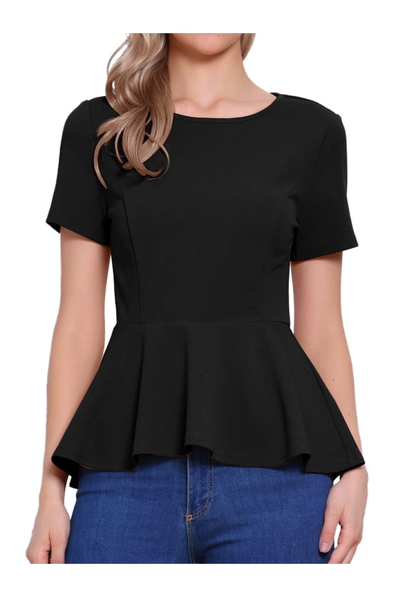 Women's Round Neck Elegant Peplum Tops L Black