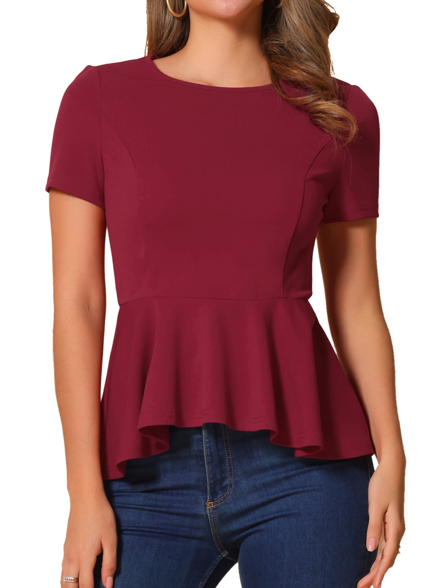 DARING DIVA Women's Peplum Tops Short Sleeve Crew Neck Blouse L Dark Red