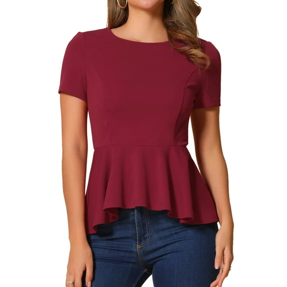 DARING DIVA Women's Peplum Tops Short Sleeve Crew Neck Blouse L Dark Red