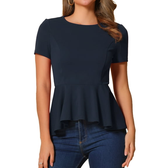 DARING DIVA Women's Round Neck Elegant Peplum Tops S Dark Blue
