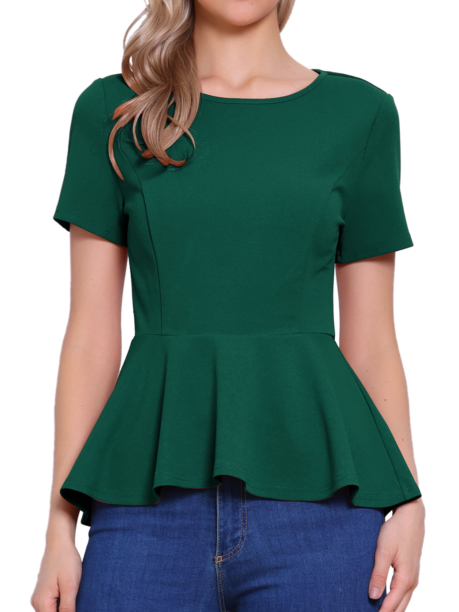 DARING DIVA Women's Peplum Tops Short Sleeve Crew Neck Blouse S Green