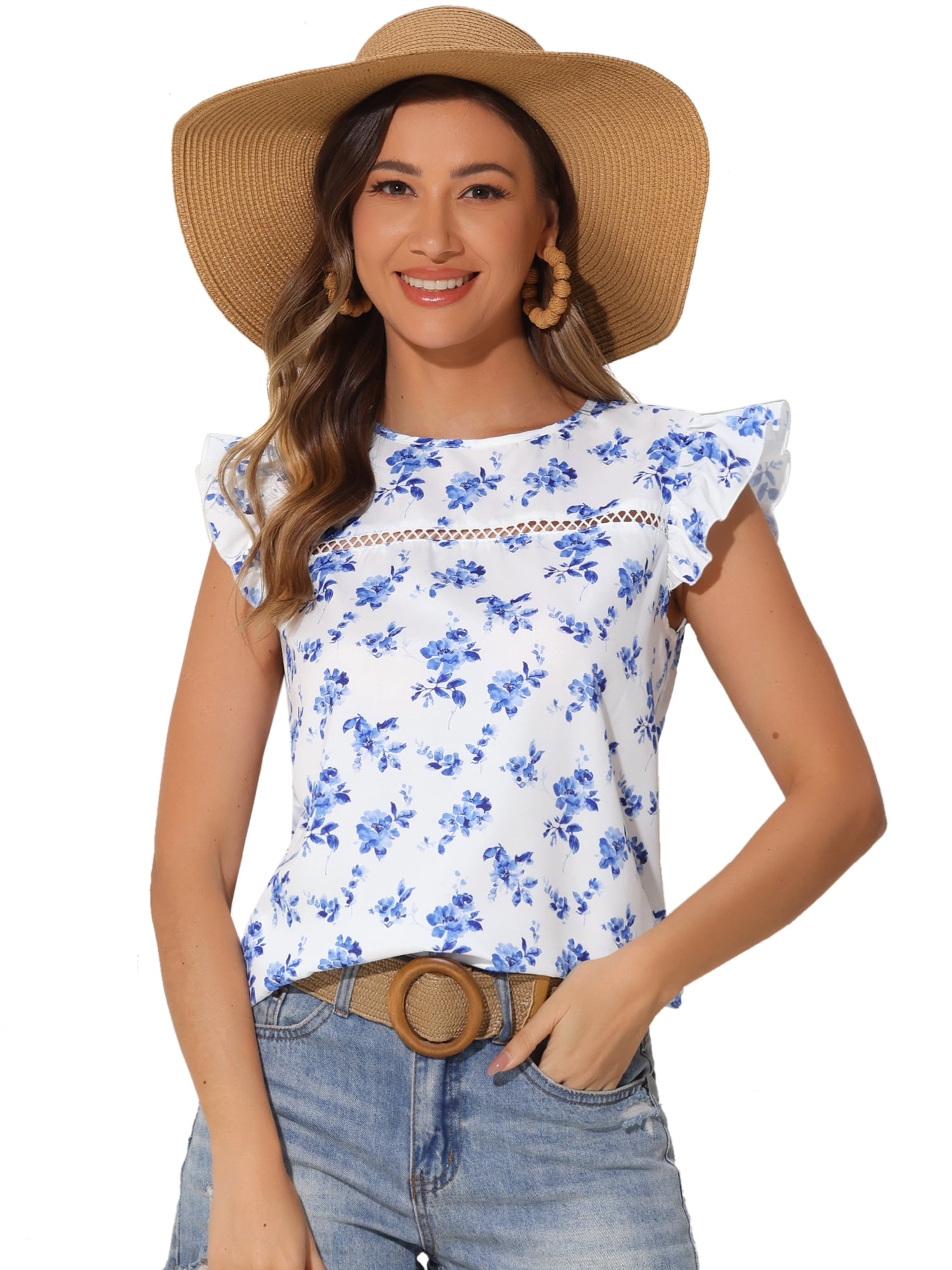 DARING DIVA Women's Round Neck Floral Ruffle Cap Sleeve Tops XS White