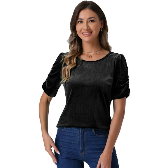 DARING DIVA Women's Round Neck Puff Short Sleeve Party Velvet Top M Black