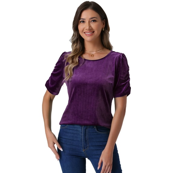 DARING DIVA Women's Round Neck Puff Short Sleeve Party Velvet Top XL Dark Purple