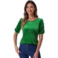 thumbnail image 1 of DARING DIVA Women's Round Neck Puff Short Sleeve Party Velvet Top XS Green, 1 of 6