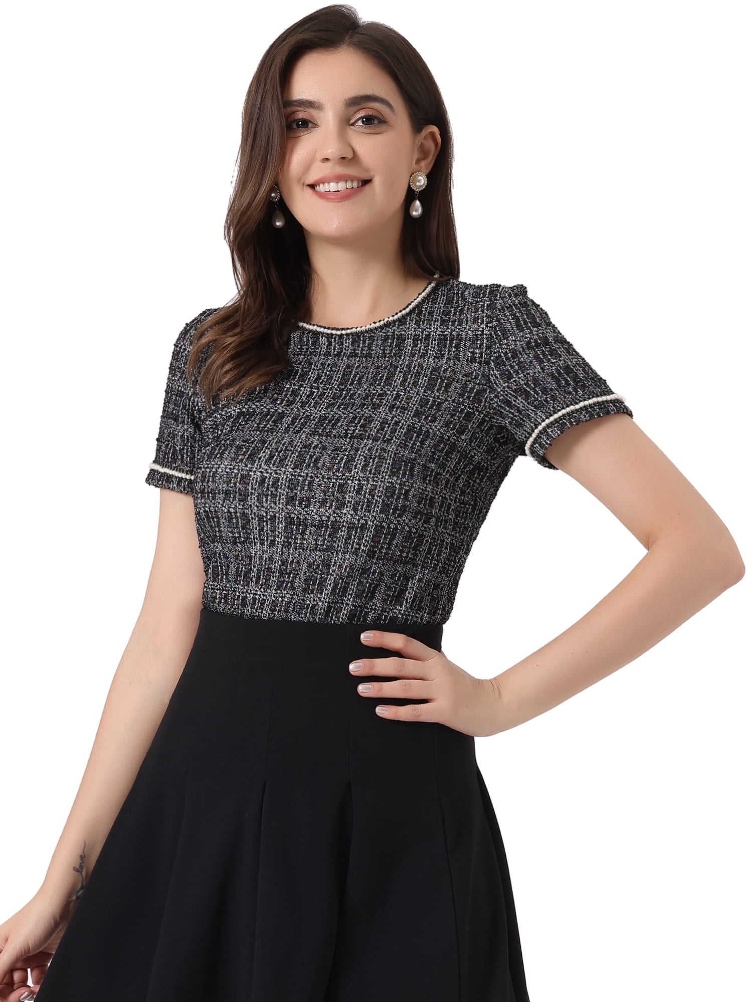 DARING DIVA Women's Round Neck Short Sleeve Tweed Top L Black White