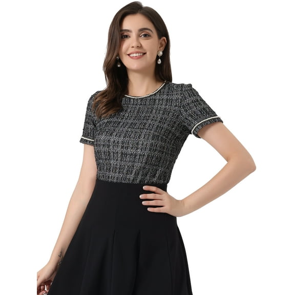 DARING DIVA Women's Round Neck Short Sleeve Tweed Top L Black White